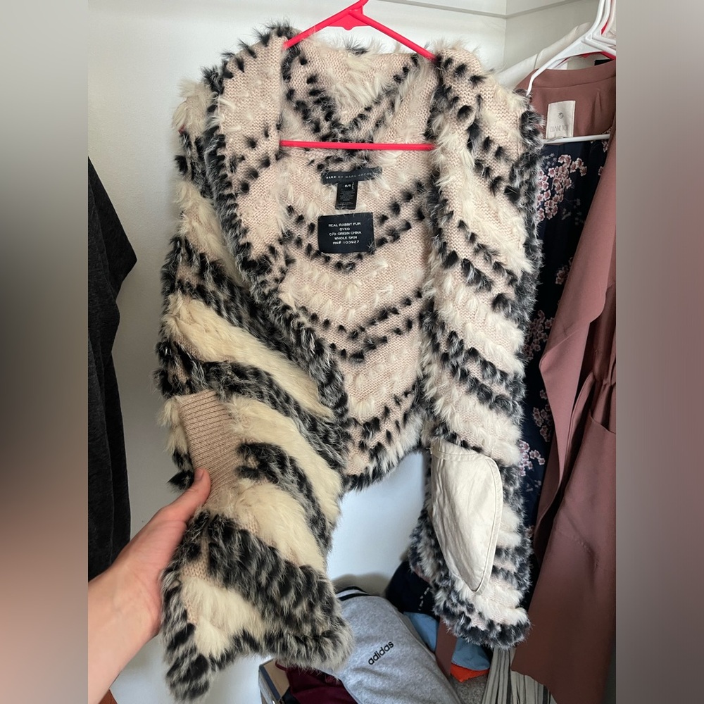 MARC by Marc Jacob’s Striped Rabbit Fur Vest- sweater/ pockets/ black/ white
